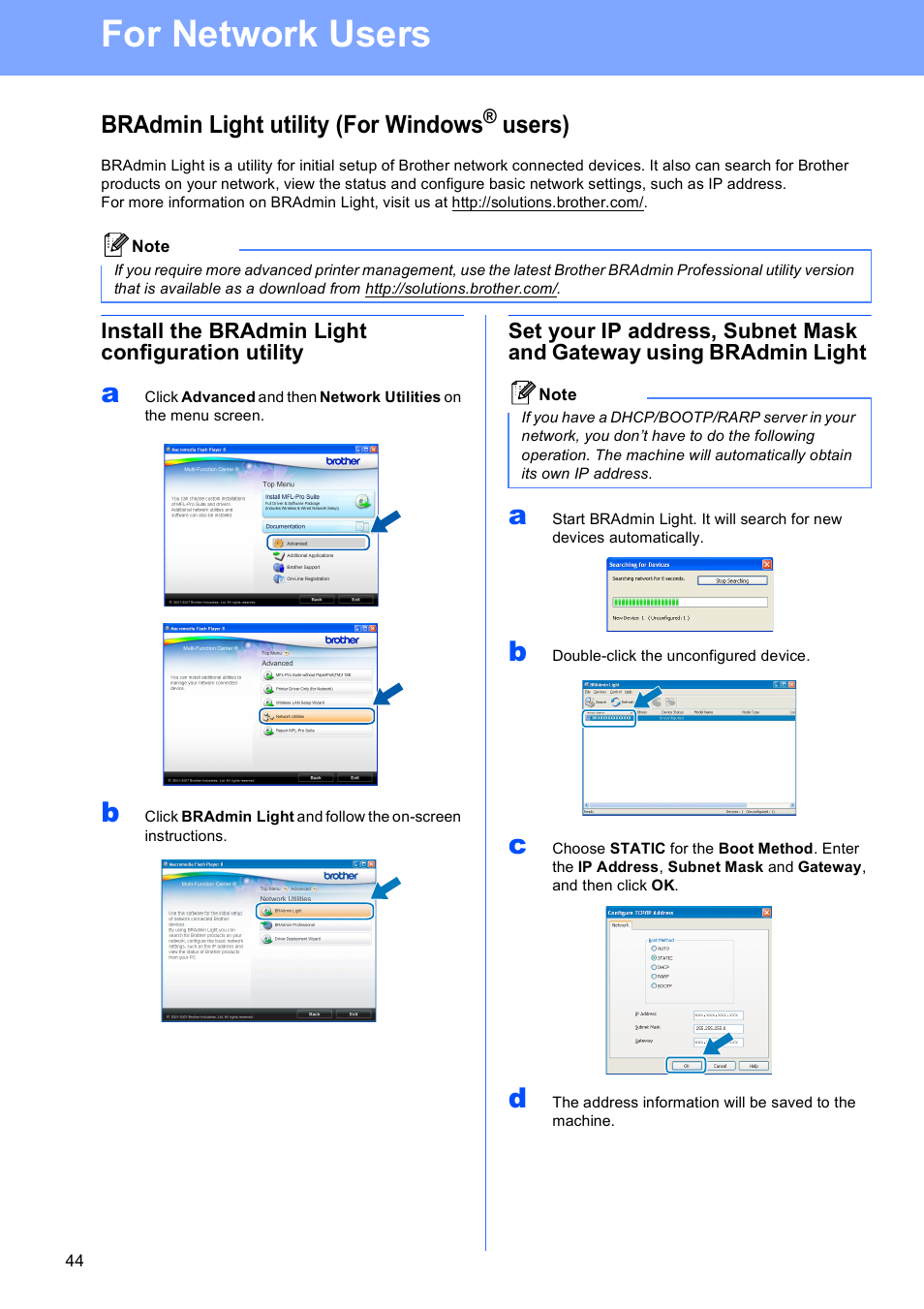 For network users, Bradmin light utility (for windows® users), Install the bradmin light configuration utility | Bradmin light utility (for windows, Users) | Brother MFC-490CW User Manual | Page 44 / 47