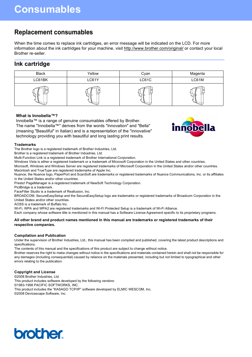 Consumables, Replacement consumables, Ink cartridge | Brother usa/can | Brother MFC-490CW User Manual | Page 47 / 47