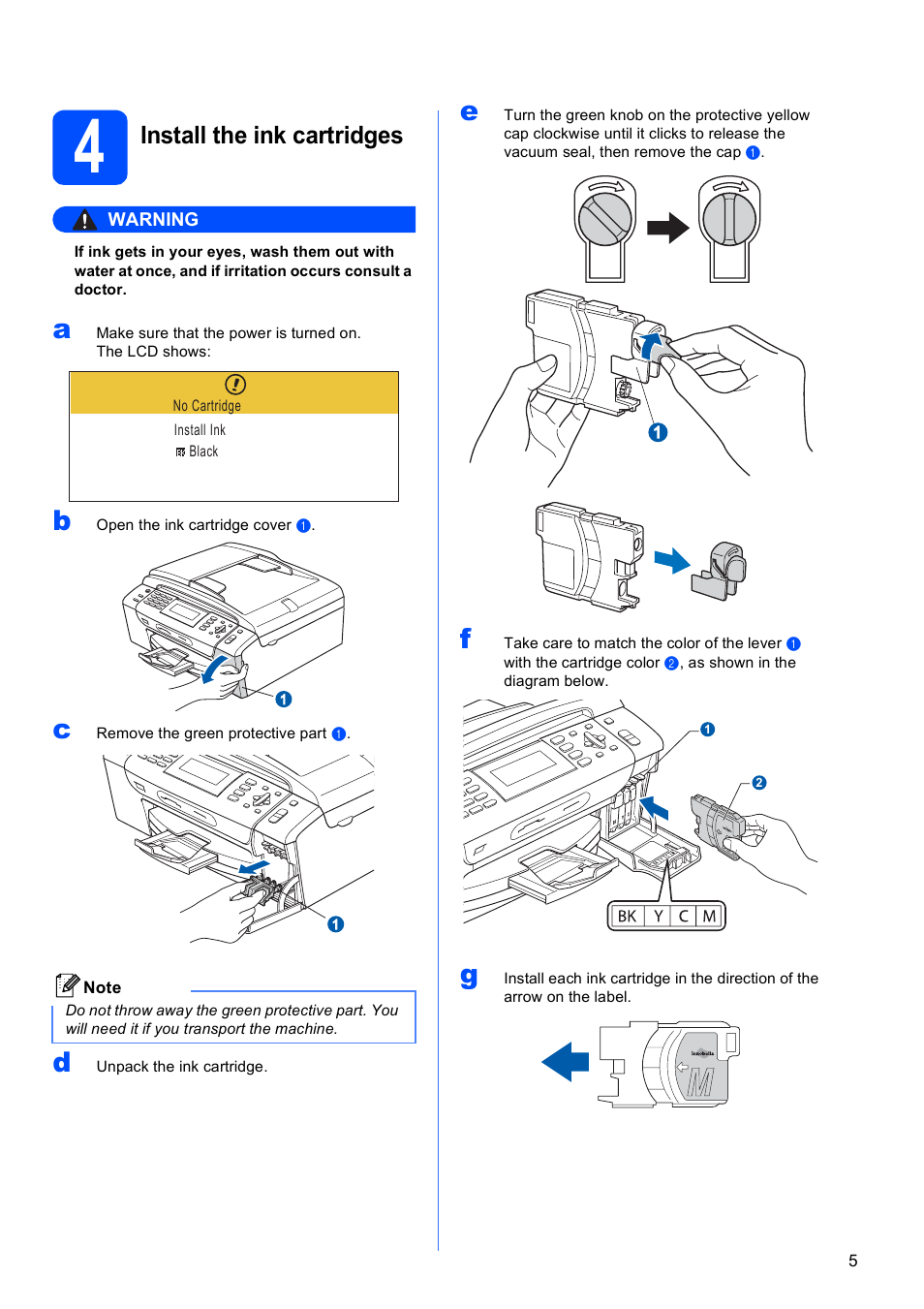 4 install the ink cartridges, Install the ink cartridges | Brother MFC-490CW User Manual | Page 5 / 47
