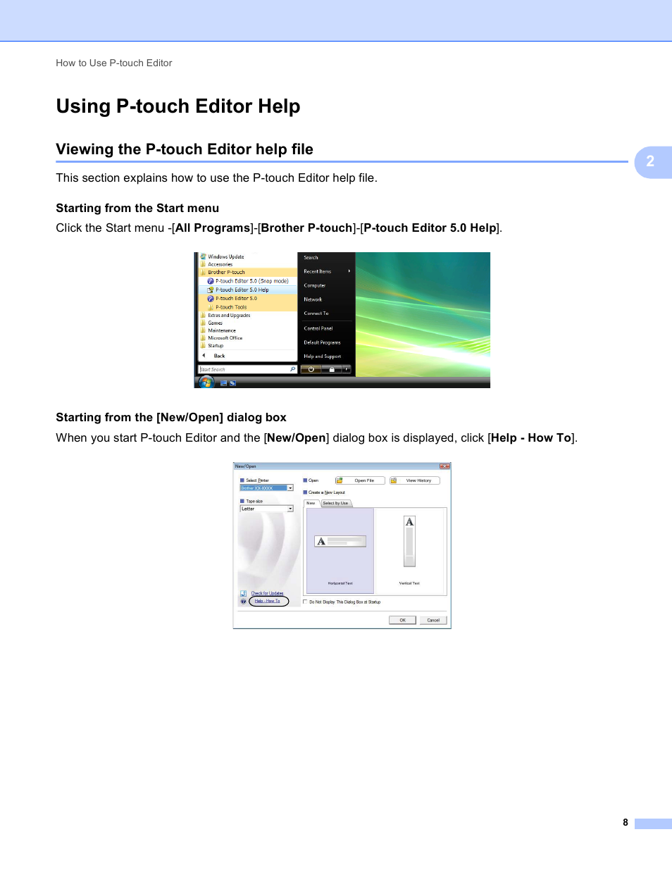 Using p-touch editor help, Viewing the p-touch editor help file, Starting from the [new/open] dialog box | Brother RJ-4040 User Manual | Page 11 / 41