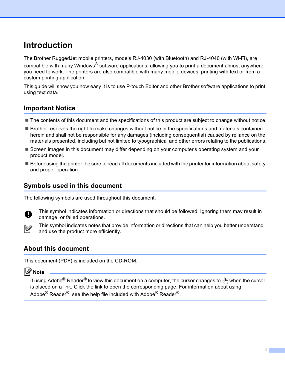 Introduction, Important notice, Symbols used in this document | About this document | Brother RJ-4040 User Manual | Page 2 / 41