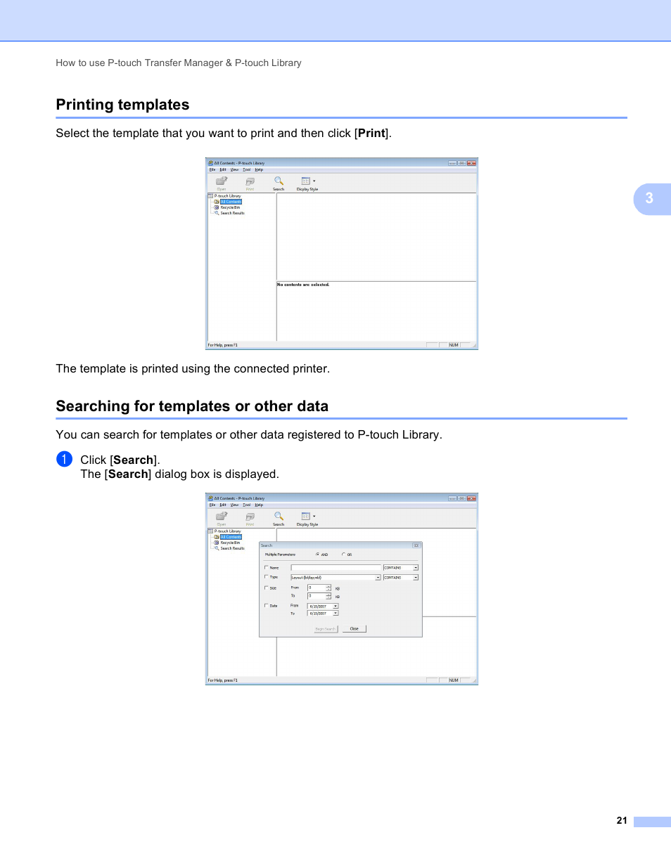 Printing templates, Searching for templates or other data, 3printing templates | Brother RJ-4040 User Manual | Page 24 / 41