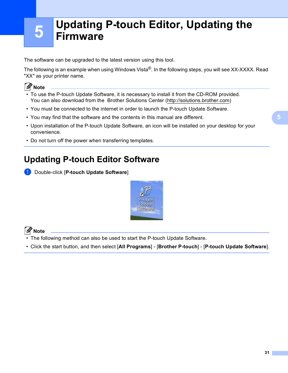 5 updating p-touch editor, updating the firmware, Updating p-touch editor software, Updating p-touch editor, updating the firmware | Brother RJ-4040 User Manual | Page 34 / 41