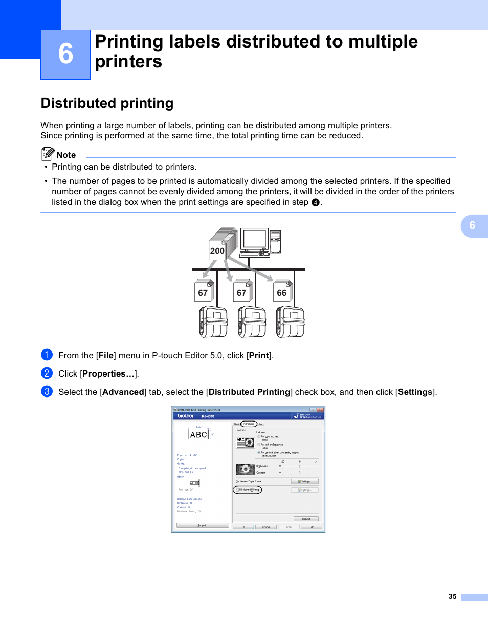 6 printing labels distributed to multiple printers, Distributed printing, Printing labels distributed to multiple printers | Brother RJ-4040 User Manual | Page 38 / 41