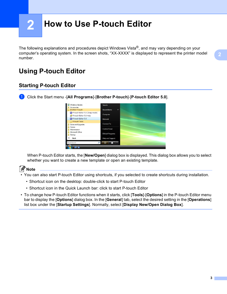 2 how to use p-touch editor, Using p-touch editor, Starting p-touch editor | How to use p-touch editor | Brother RJ-4040 User Manual | Page 6 / 41