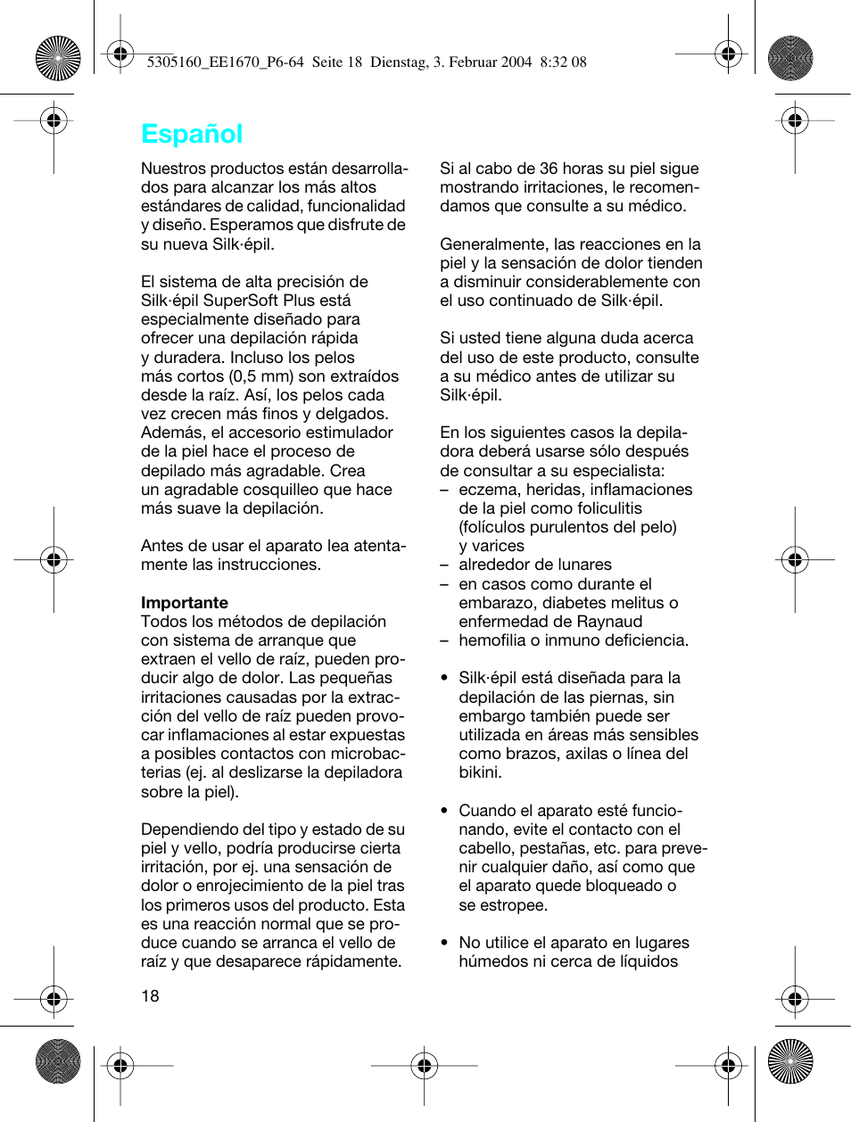Español | Braun EE1660 Silk-épil SuperSoft Plus User Manual | Page 17 / 59