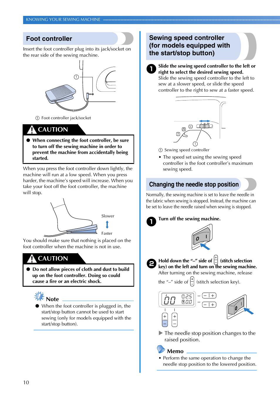 Foot controller, Changing the needle stop position, Caution | Brother SB700T User Manual | Page 12 / 72