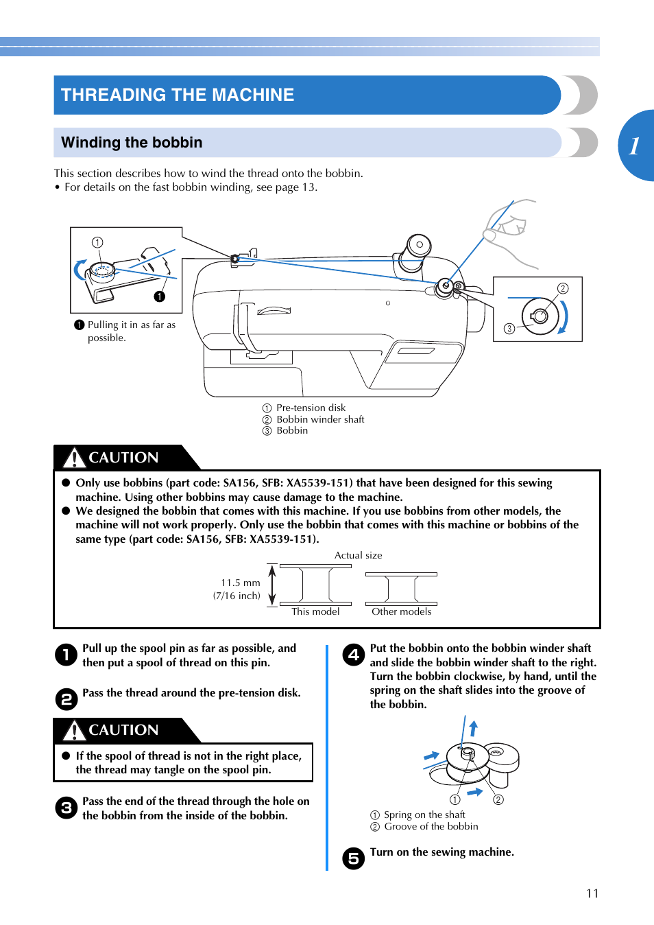Threading the machine, Winding the bobbin, Caution | Brother SB700T User Manual | Page 13 / 72