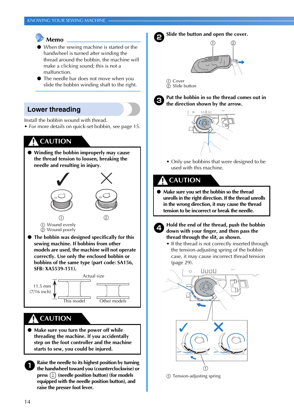 Lower threading, Caution | Brother SB700T User Manual | Page 16 / 72