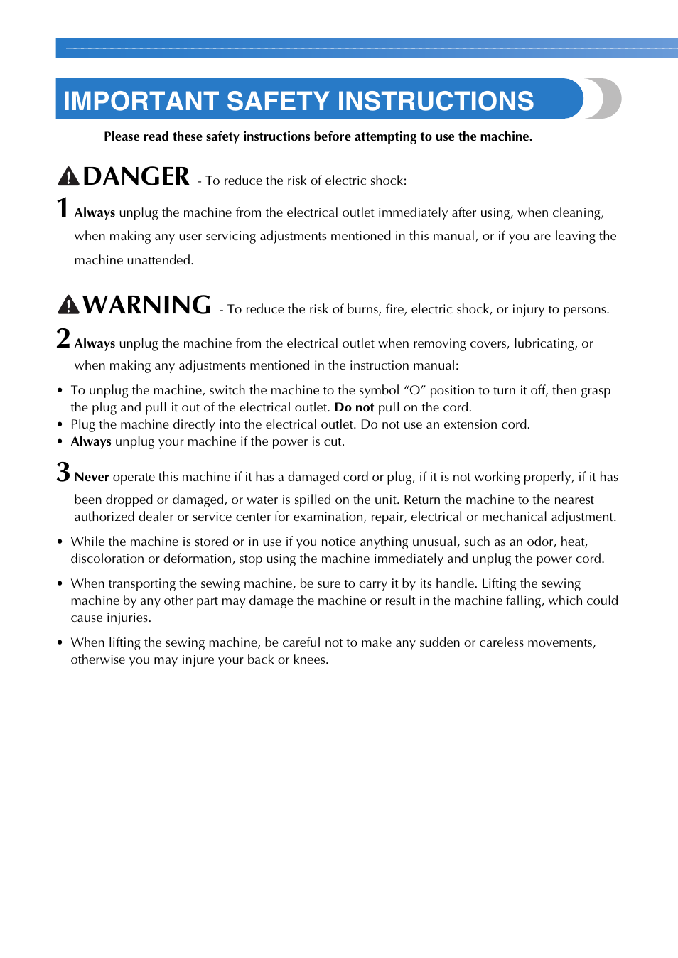 Important safety instructions, Danger, Warning | Brother SB700T User Manual | Page 2 / 72