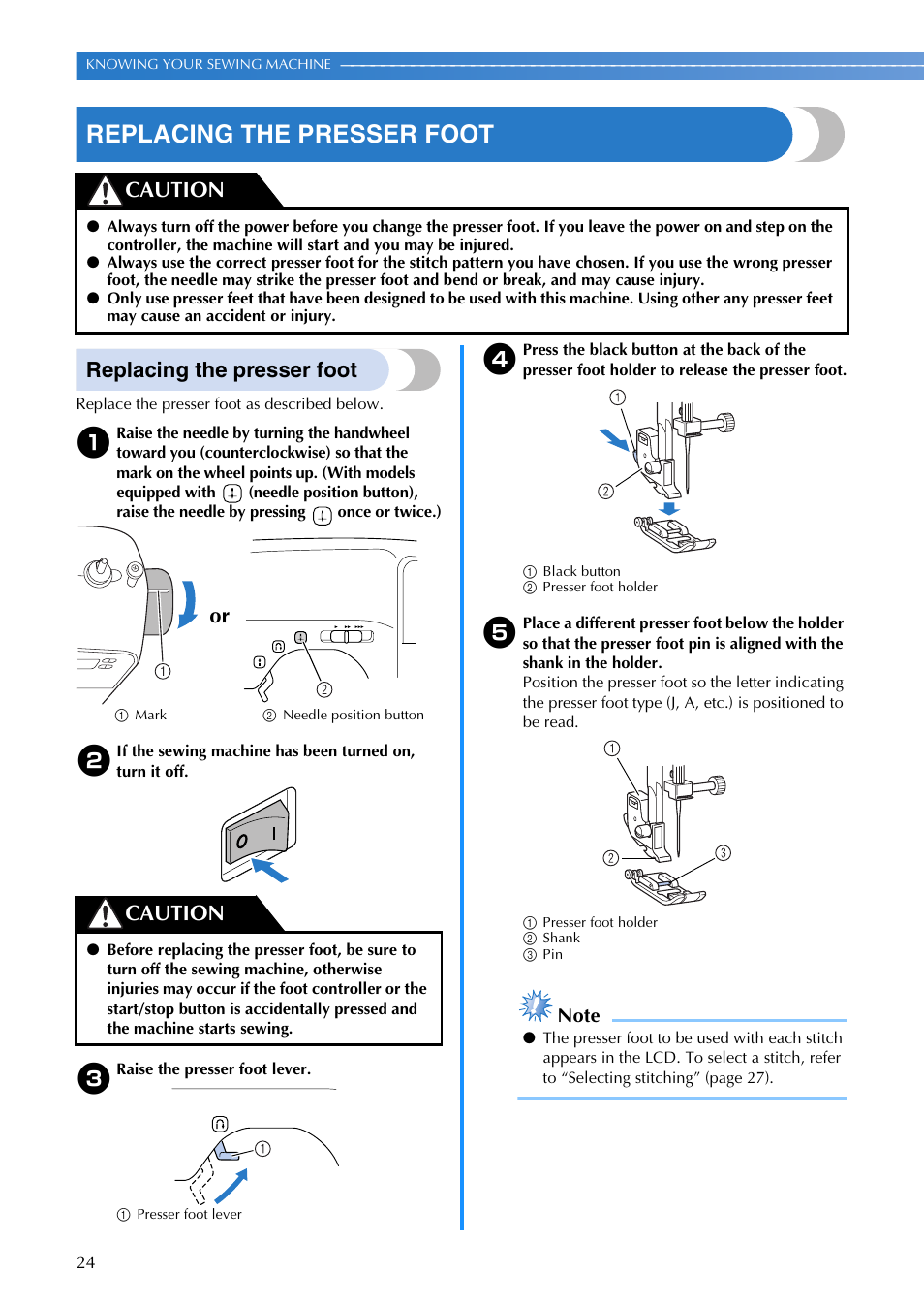 Replacing the presser foot, Caution, Or caution | Brother SB700T User Manual | Page 26 / 72
