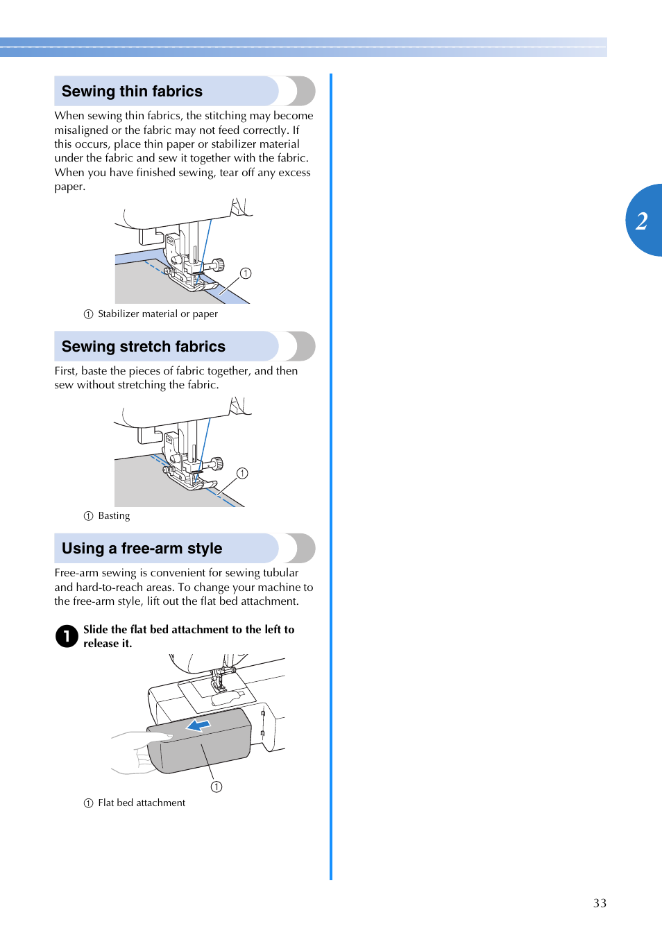 Sewing thin fabrics, Sewing stretch fabrics, Using a free-arm style | Brother SB700T User Manual | Page 35 / 72