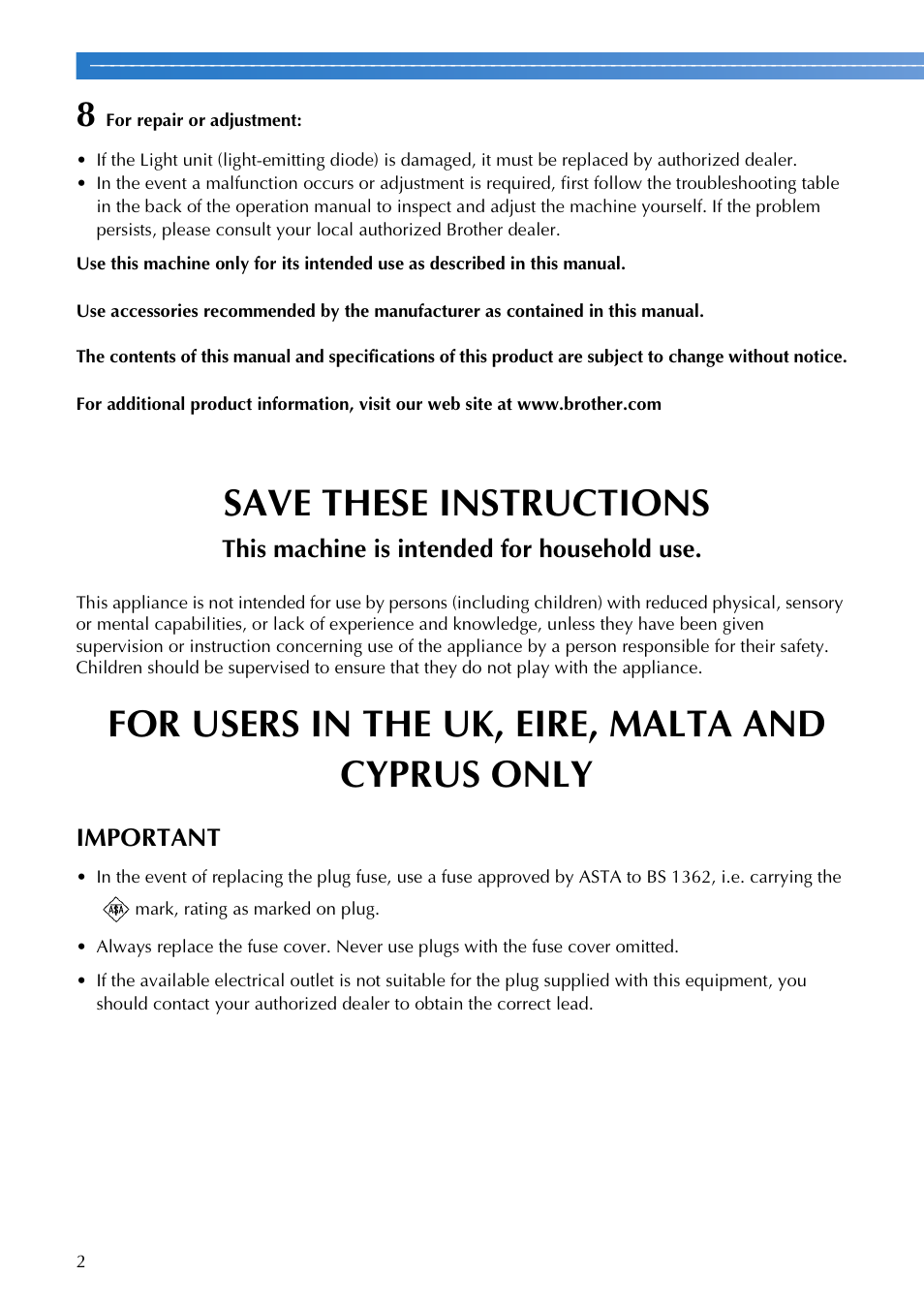 Save these instructions, For users in the uk, eire, malta and cyprus only | Brother SB700T User Manual | Page 4 / 72