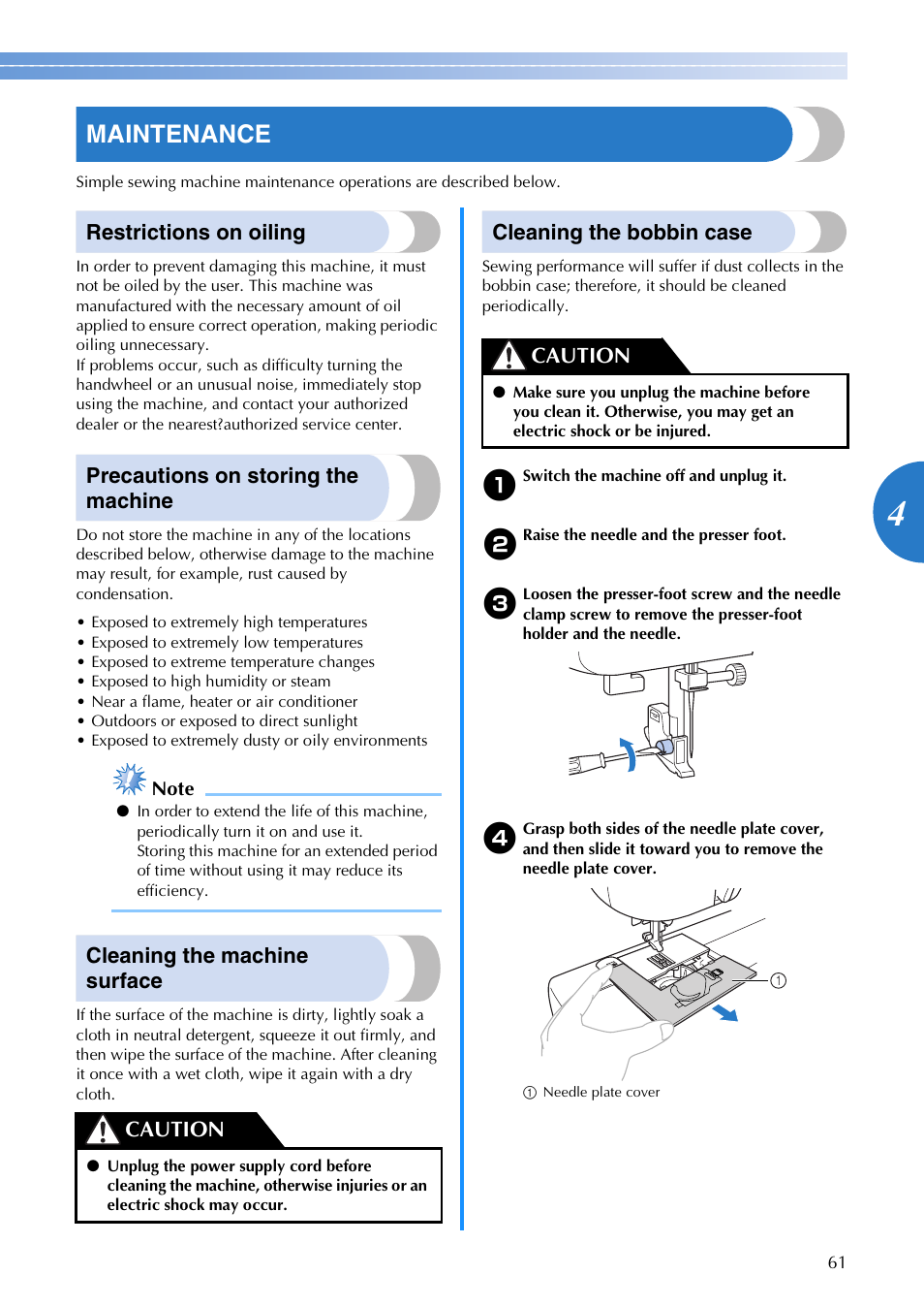Maintenance, Restrictions on oiling, Precautions on storing the machine | Cleaning the machine surface, Cleaning the bobbin case, Caution | Brother SB700T User Manual | Page 63 / 72