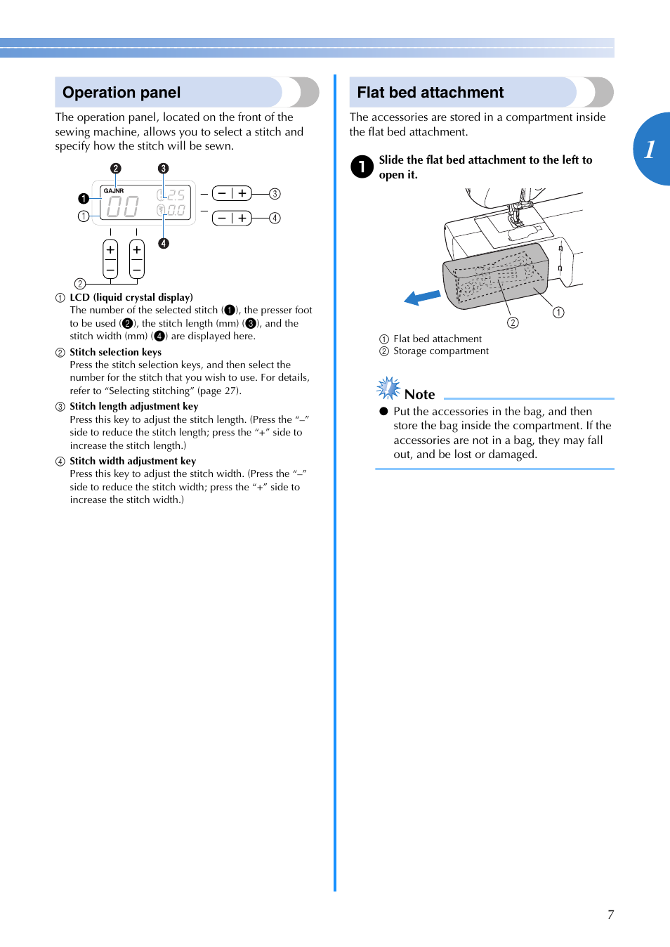 Operation panel, Flat bed attachment | Brother SB700T User Manual | Page 9 / 72