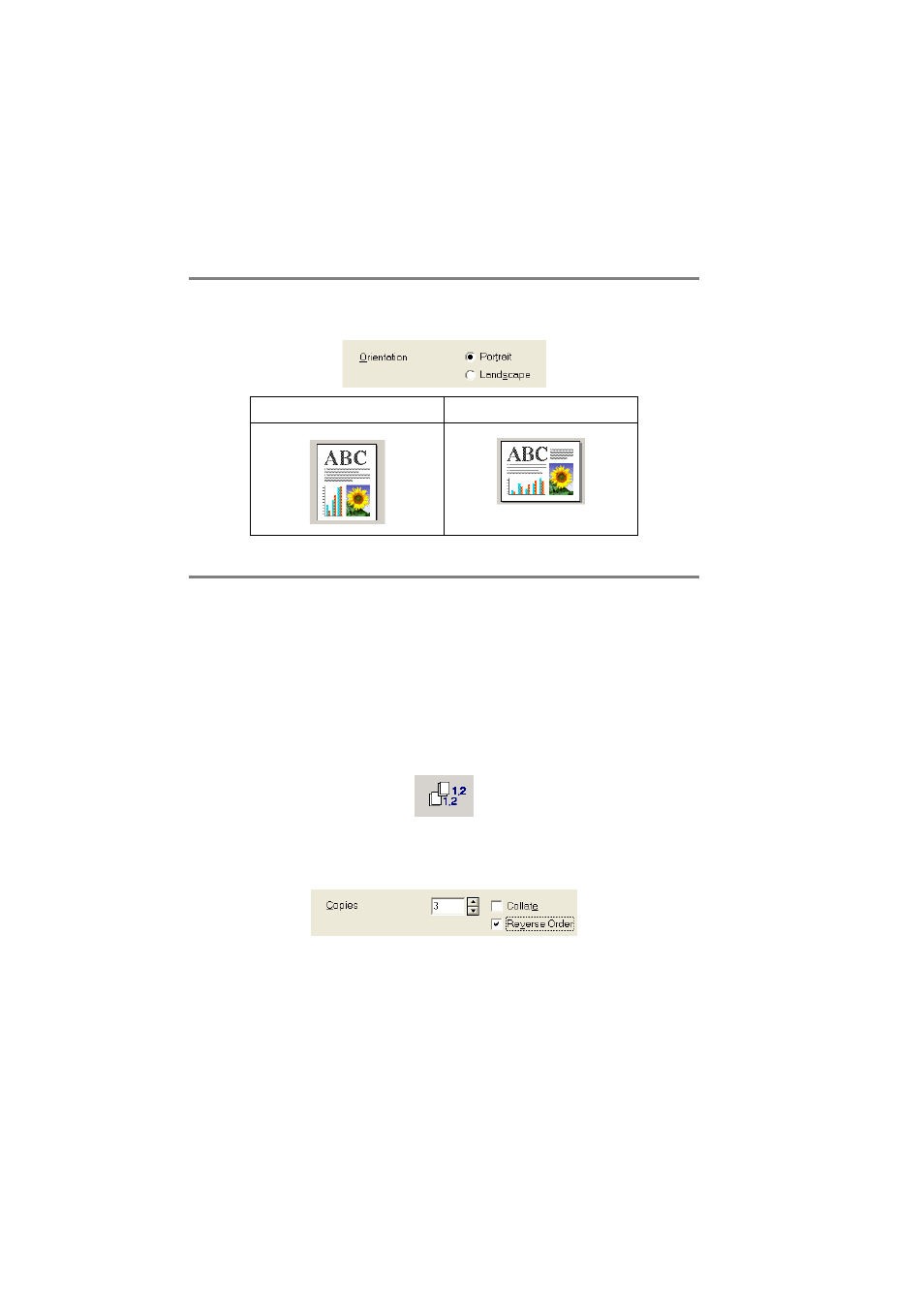 Orientation, Copies, Orientation -9 copies -9 | Collate -9 reverse order -9 | Brother FAX 1920CN User Manual | Page 14 / 66