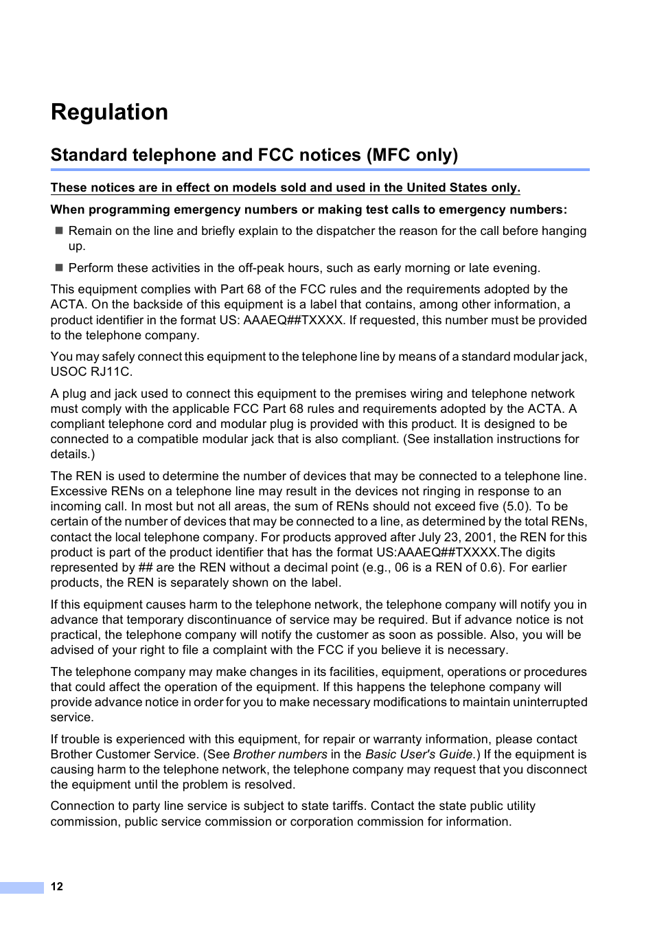 Regulation, Standard telephone and fcc notices (mfc only) | Brother MFC-9460CDN User Manual | Page 12 / 20