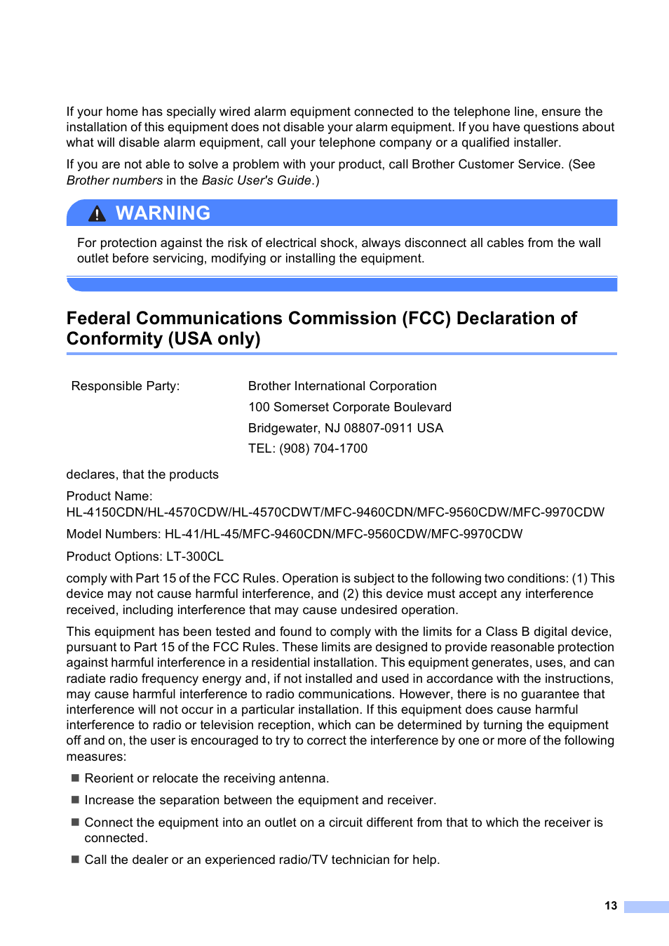 Warning | Brother MFC-9460CDN User Manual | Page 13 / 20