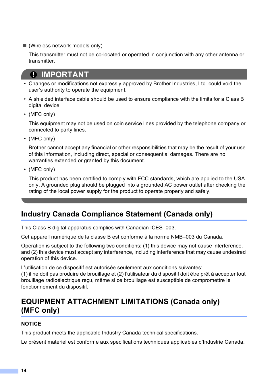 Industry canada compliance statement (canada only), Important | Brother MFC-9460CDN User Manual | Page 14 / 20