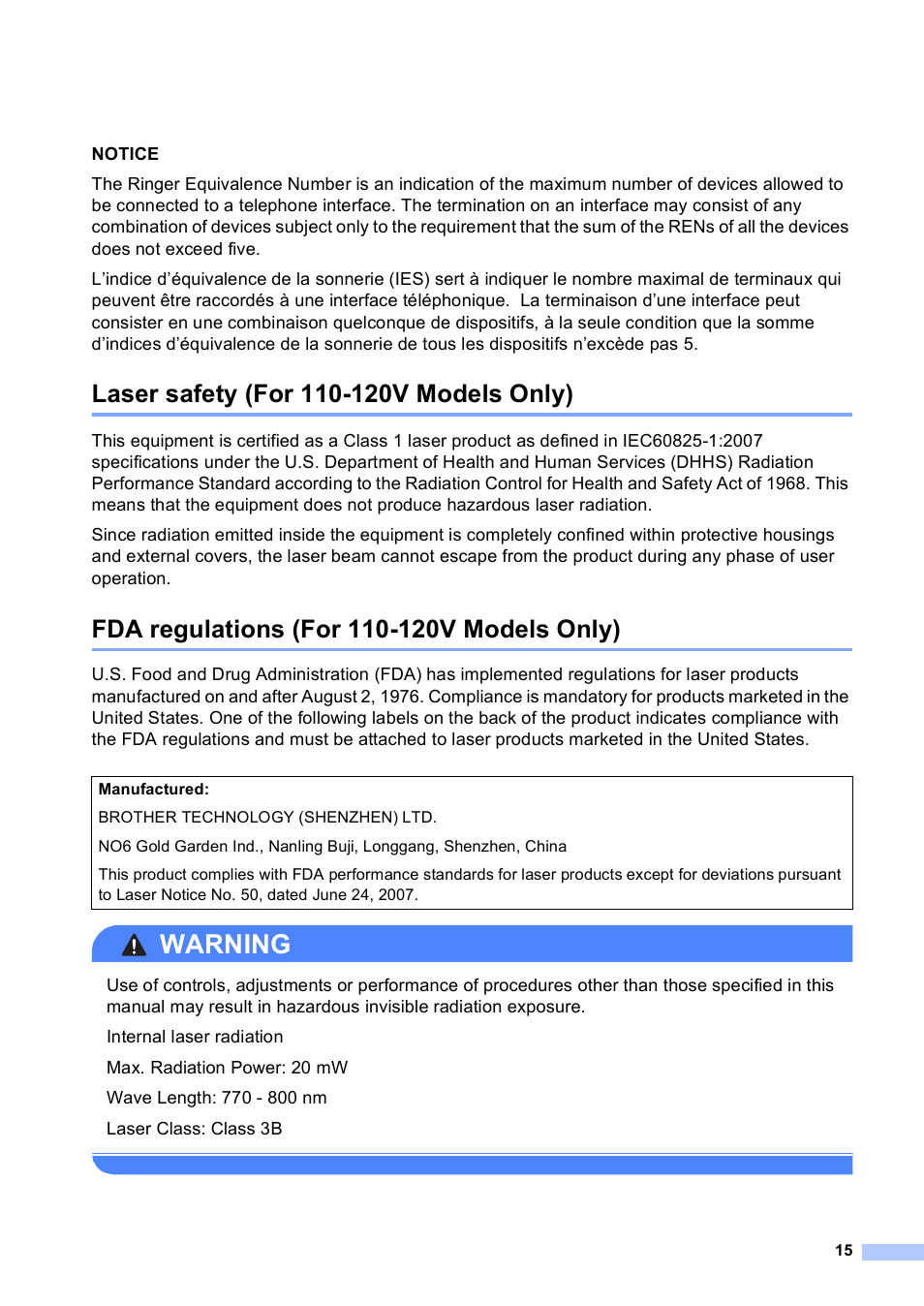 Laser safety (for 110-120v models only), Fda regulations (for 110-120v models only), Warning | Brother MFC-9460CDN User Manual | Page 15 / 20