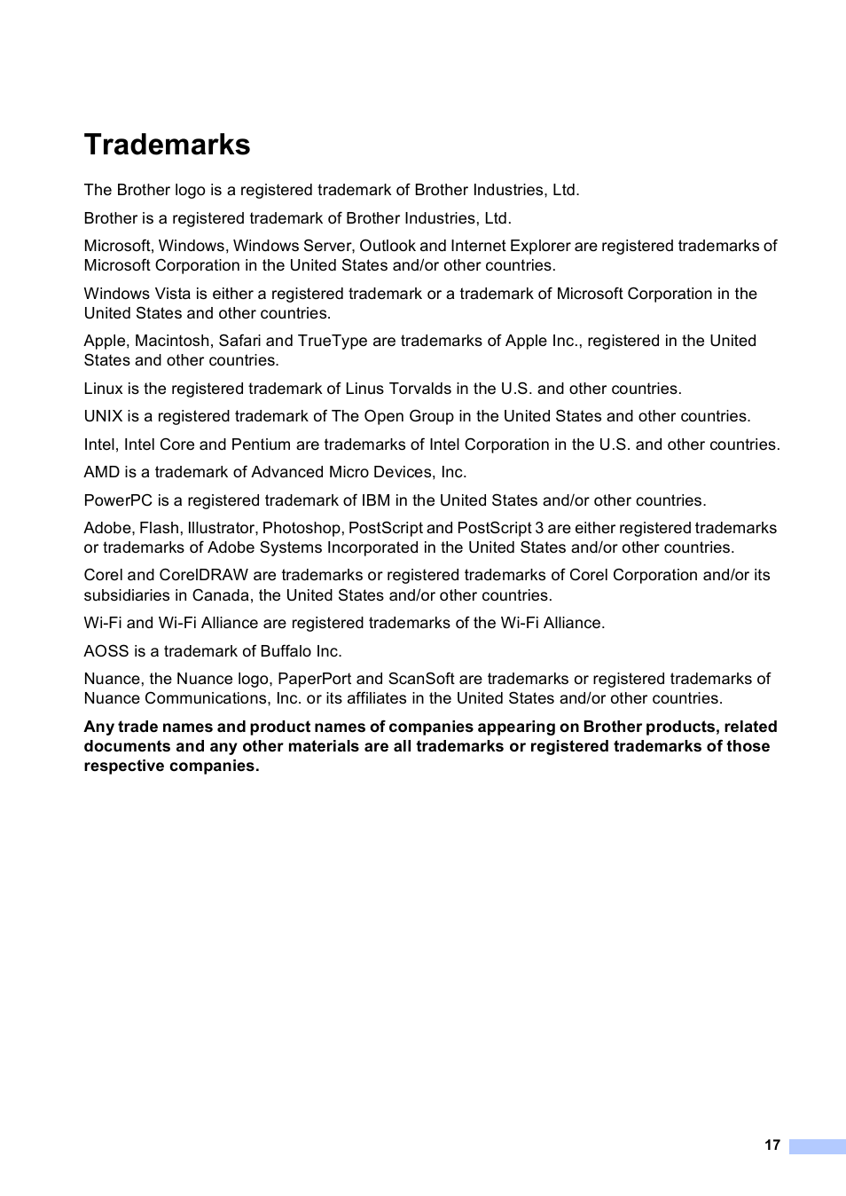 Trademarks | Brother MFC-9460CDN User Manual | Page 17 / 20