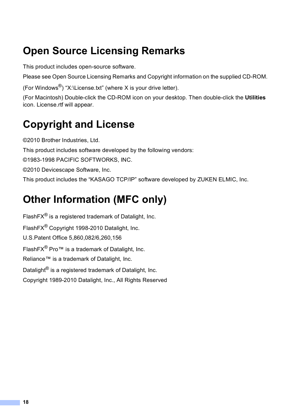 Open source licensing remarks, Copyright and license, Other information (mfc only) | Brother MFC-9460CDN User Manual | Page 18 / 20
