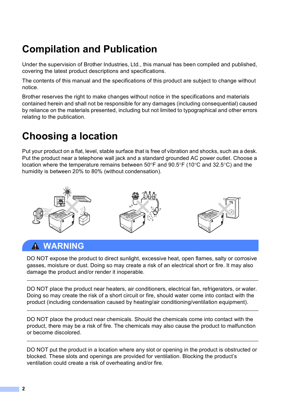 Compilation and publication, Choosing a location, Warning | Brother MFC-9460CDN User Manual | Page 2 / 20