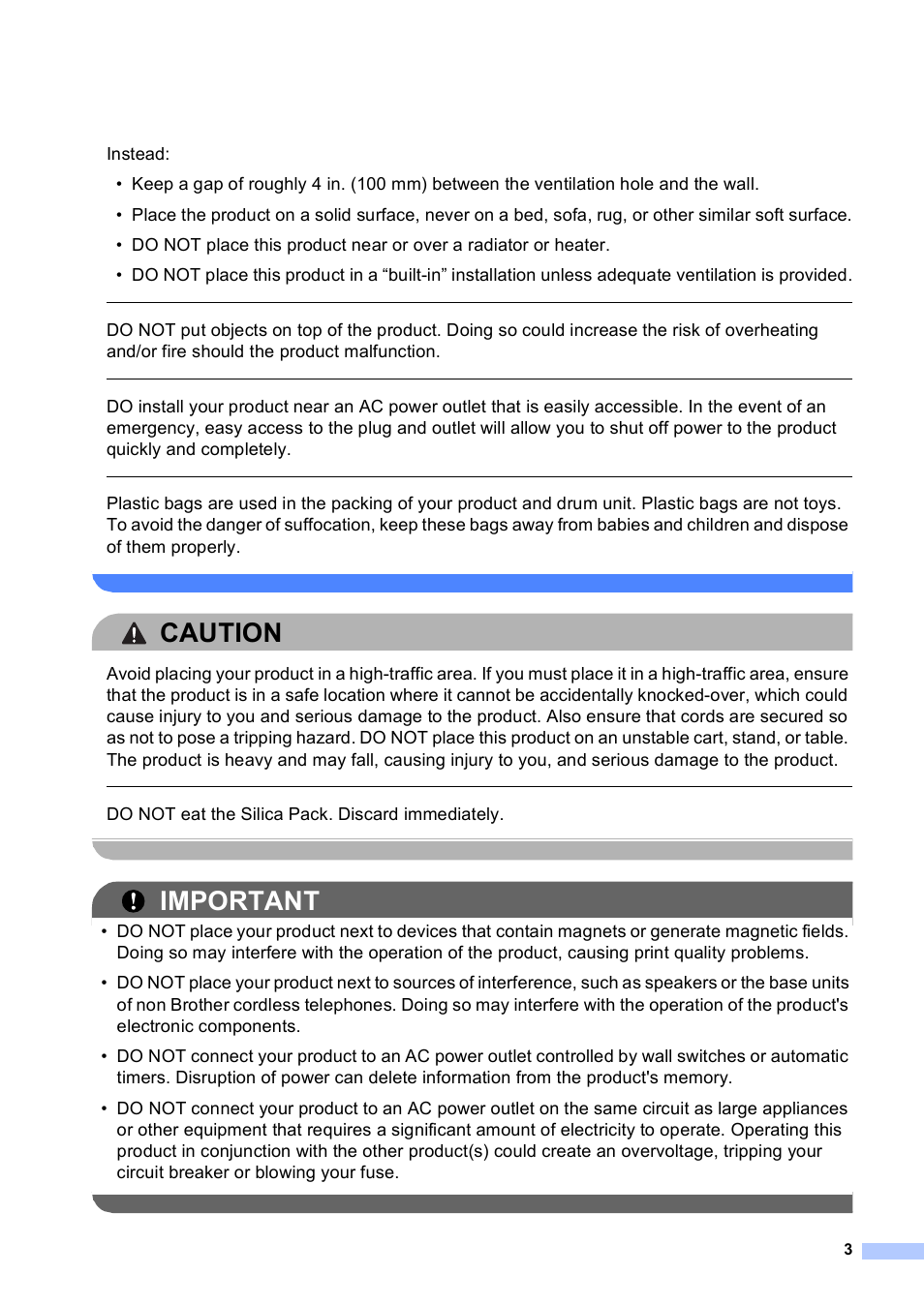 Caution, Important, Do not eat the silica pack. discard immediately | Brother MFC-9460CDN User Manual | Page 3 / 20