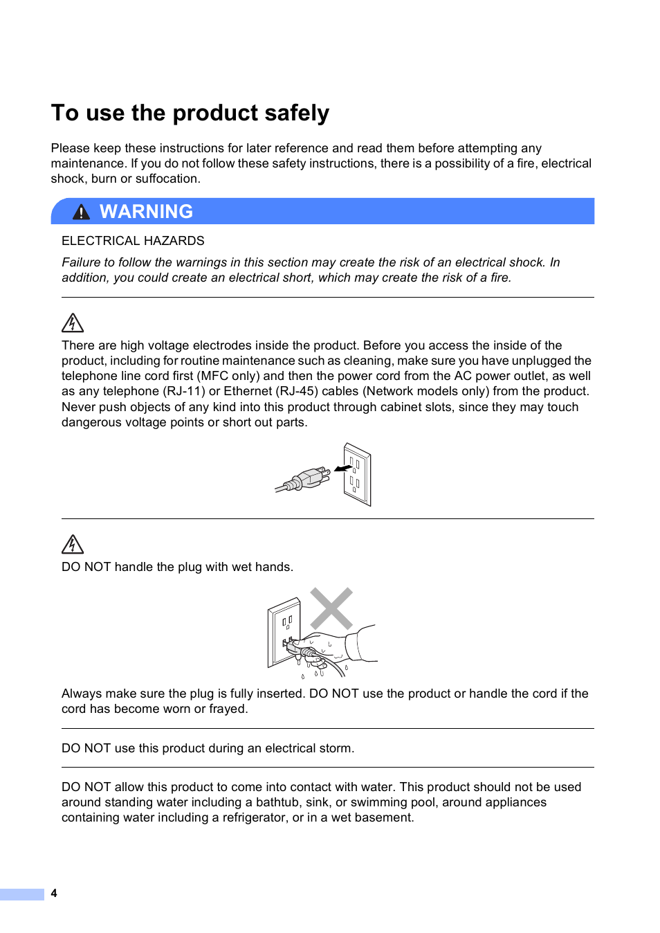 To use the product safely, Warning, Do not handle the plug with wet hands | Do not use this product during an electrical storm | Brother MFC-9460CDN User Manual | Page 4 / 20