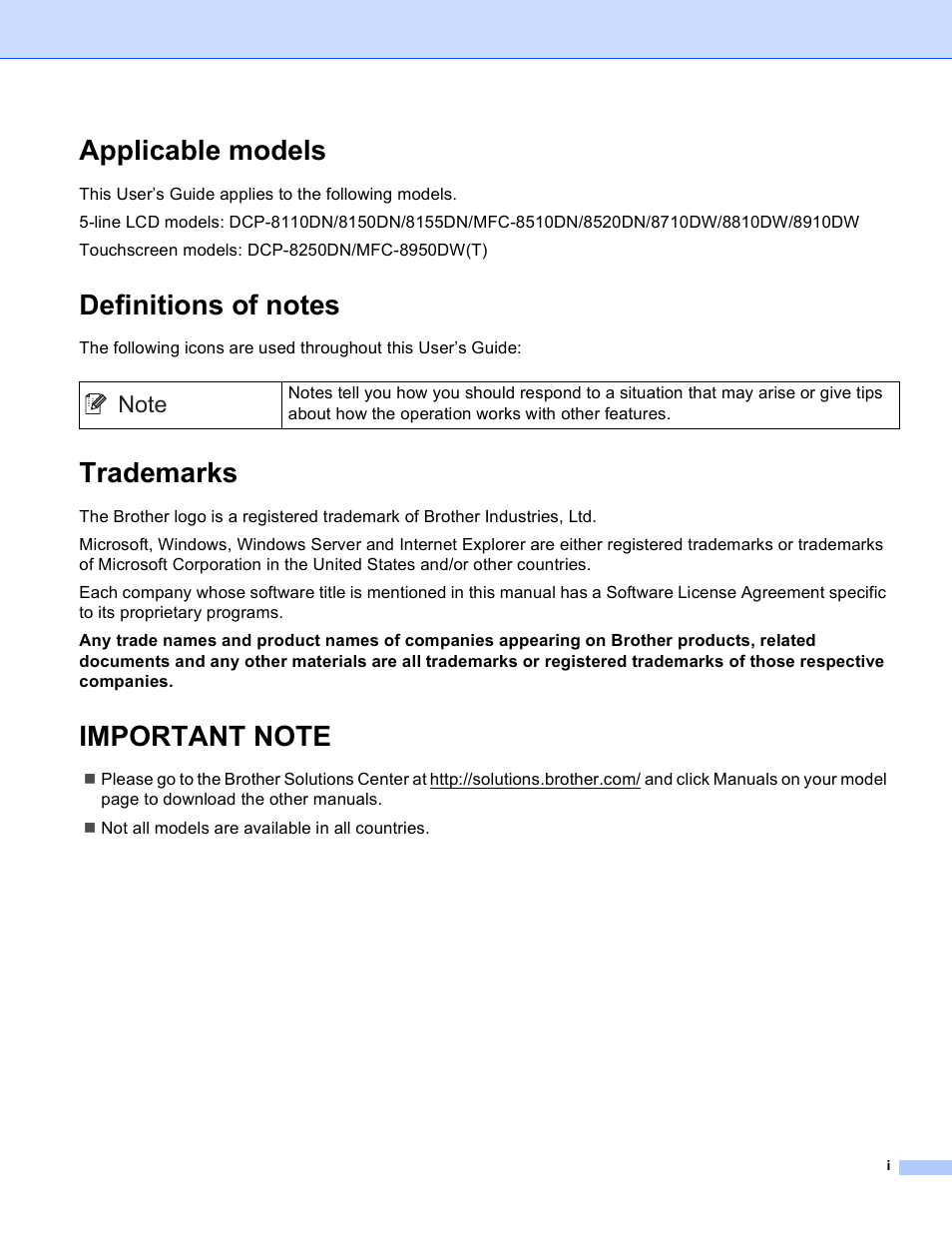 Applicable models, Definitions of notes, Trademarks | Important note | Brother MFC-8710DW User Manual | Page 2 / 27