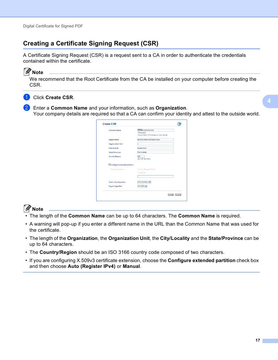 Creating a certificate signing request (csr), Creating a certificate, Creating a certificate signing request (csr) uu | 4creating a certificate signing request (csr) | Brother MFC-8710DW User Manual | Page 20 / 27