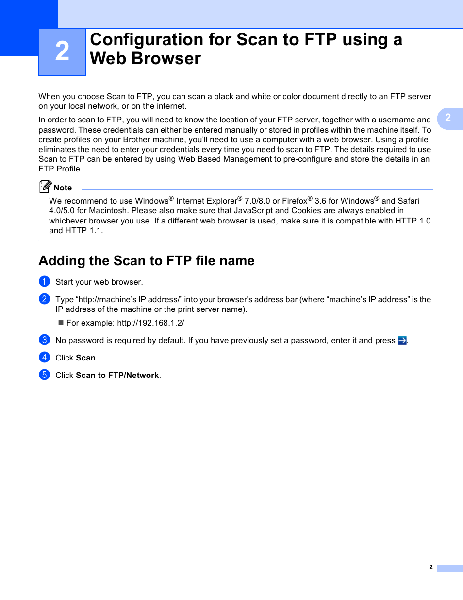 Adding the scan to ftp file name, Configuration for scan to ftp using a web browser | Brother MFC-8710DW User Manual | Page 5 / 27