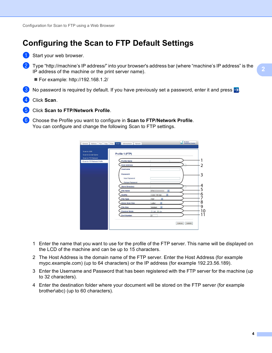 Configuring the scan to ftp default settings | Brother MFC-8710DW User Manual | Page 7 / 27