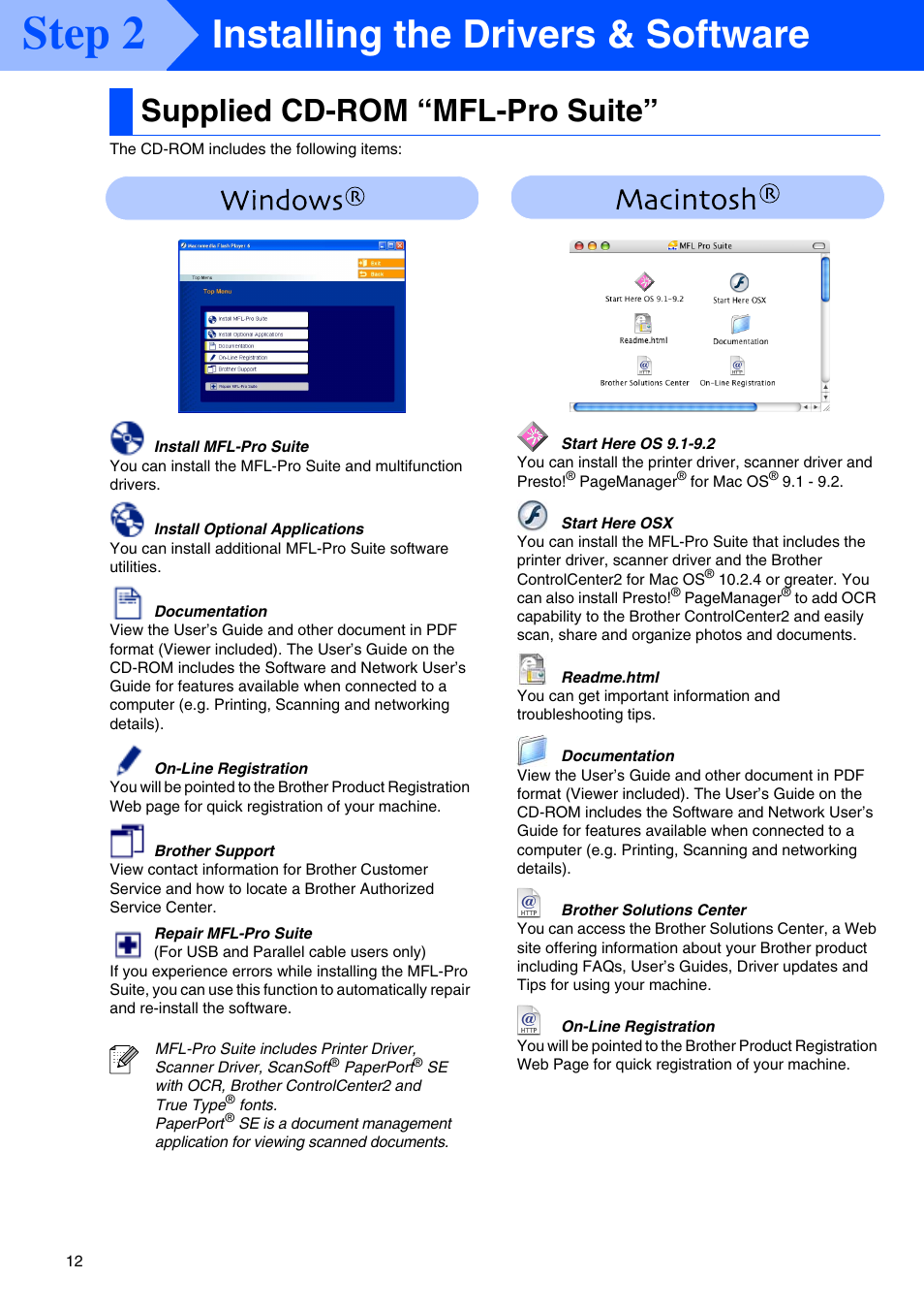 Step2 installing the drivers & software, Supplied cd-rom “mfl-pro suite, Installing the drivers & software | Step 2 | Brother MFC-8660DN User Manual | Page 14 / 41