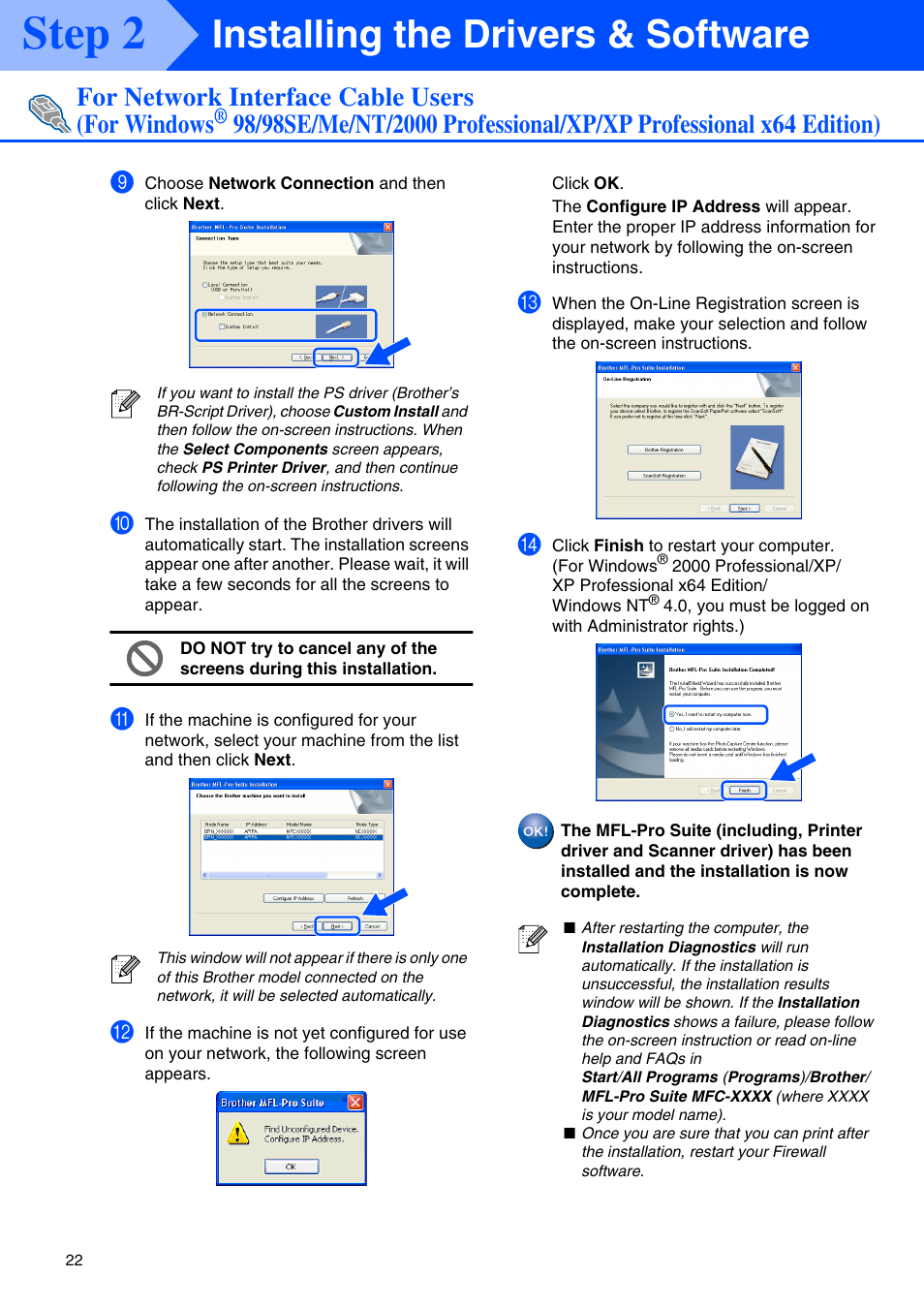 Step 2, Installing the drivers & software, For network interface cable users (for windows | Brother MFC-8660DN User Manual | Page 24 / 41