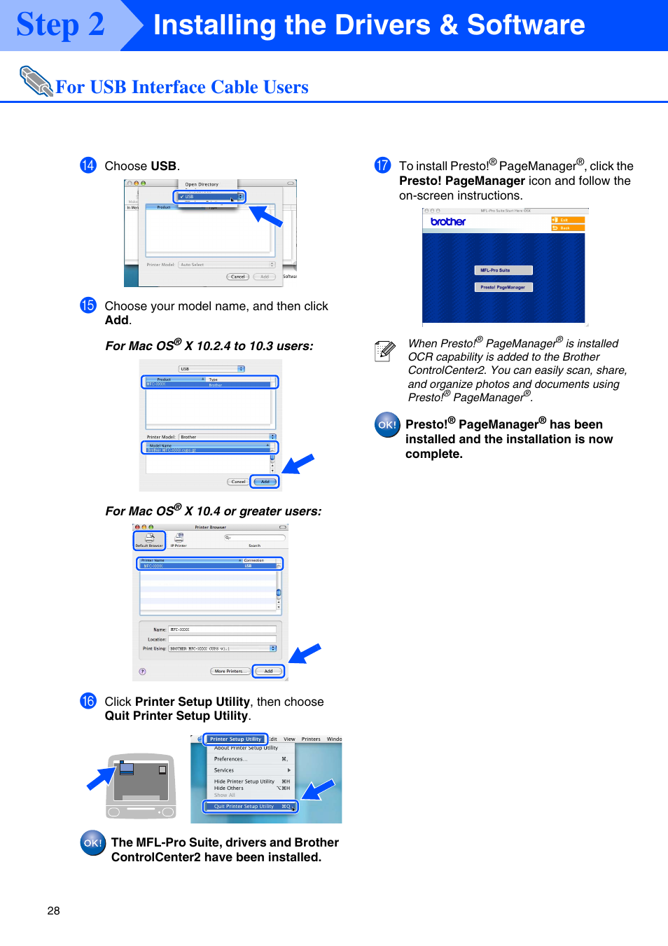 Step 2, Installing the drivers & software, For usb interface cable users | Brother MFC-8660DN User Manual | Page 30 / 41