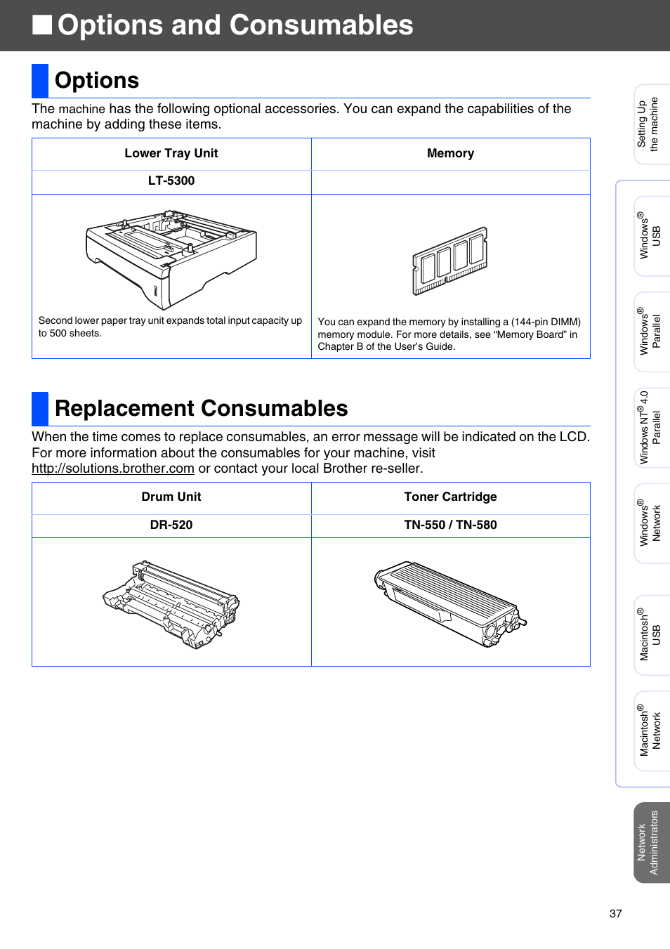 Options and consumables, Options, Replacement consumables | Options replacement consumables | Brother MFC-8660DN User Manual | Page 39 / 41