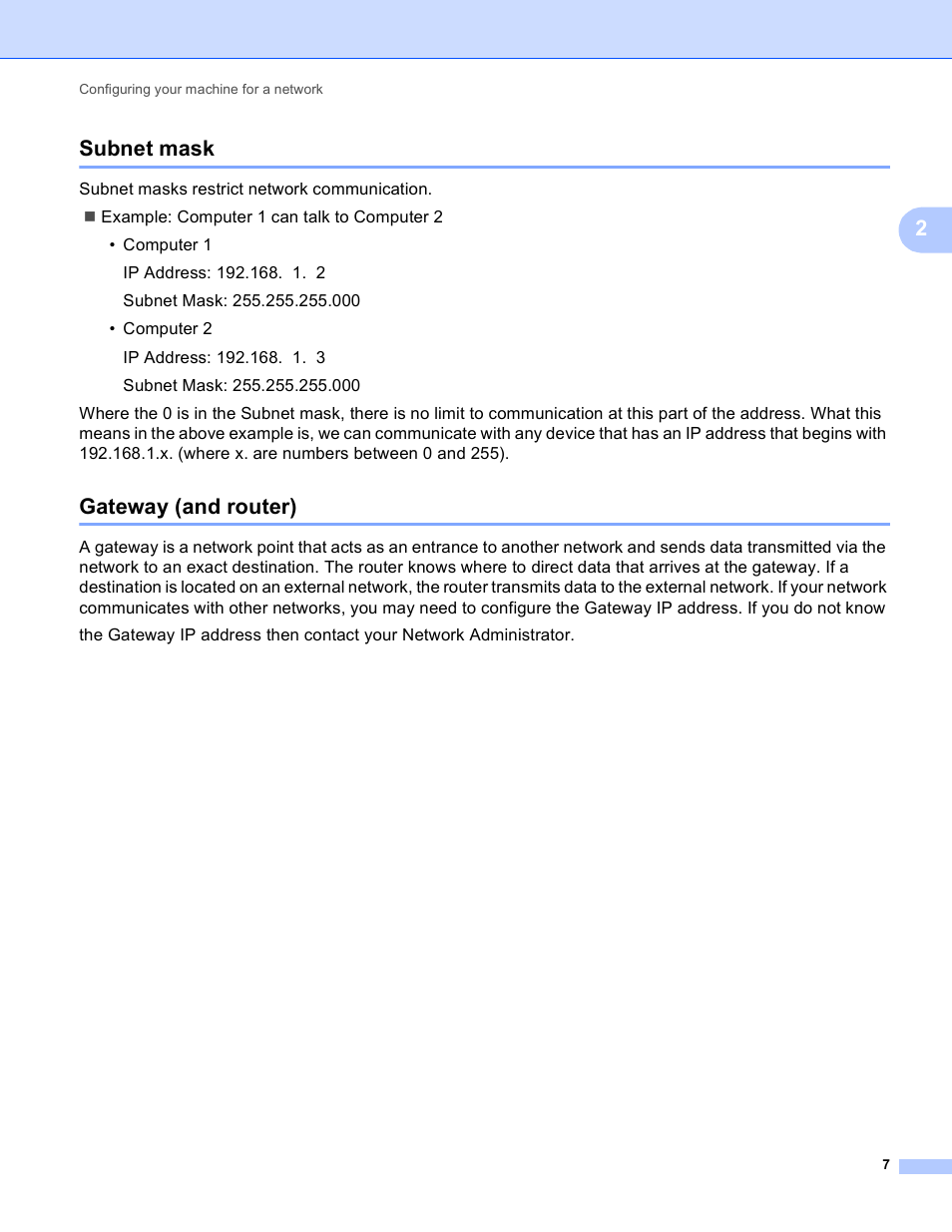 Subnet mask, Gateway (and router), Subnet mask gateway (and router) | 2subnet mask | Brother MFC-J430W User Manual | Page 10 / 21
