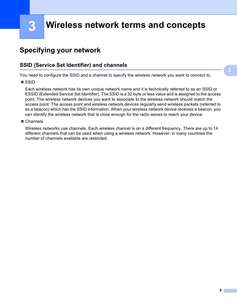 3 wireless network terms and concepts, Specifying your network, Ssid (service set identifier) and channels | Wireless network terms and concepts | Brother MFC-J430W User Manual | Page 11 / 21