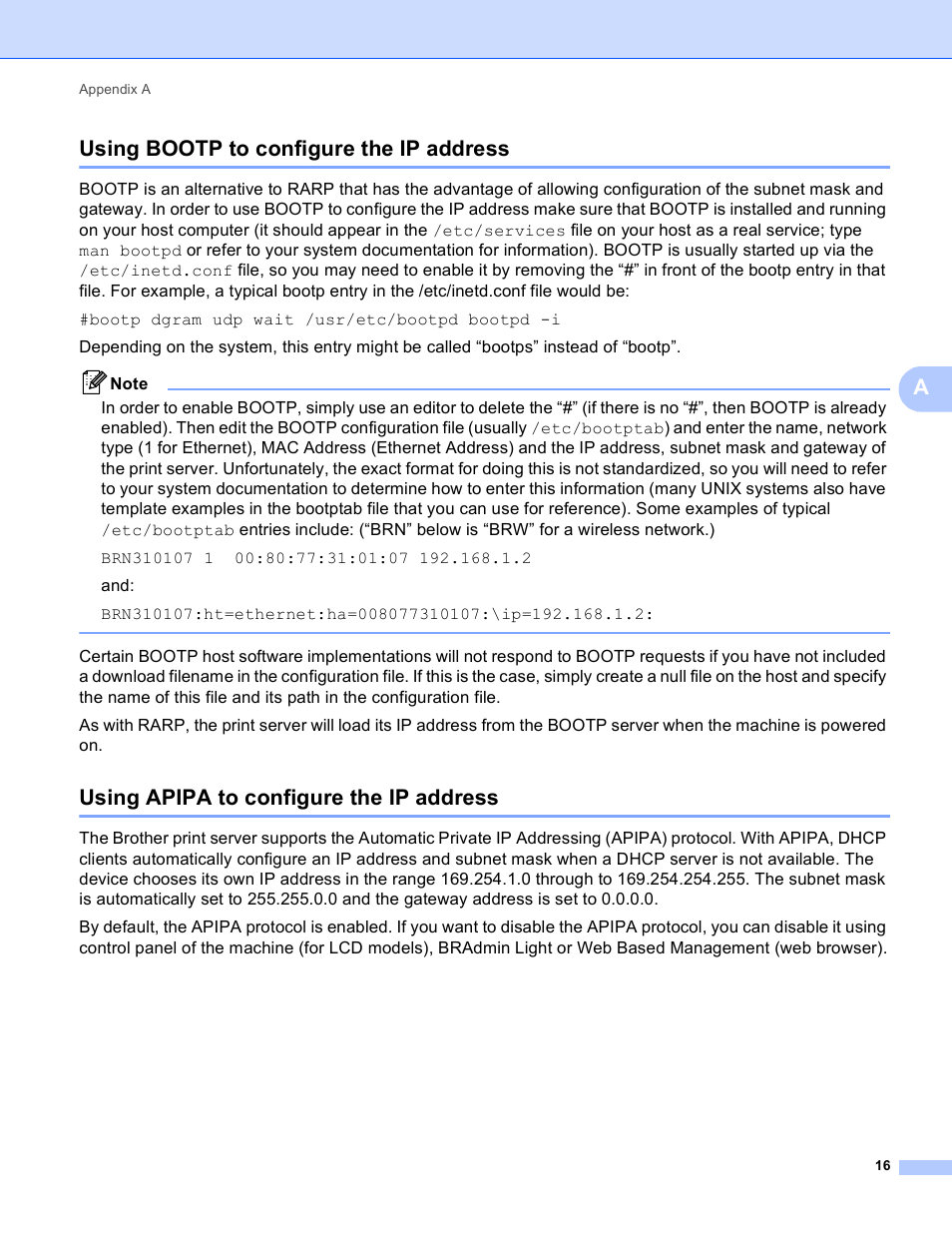 Using bootp to configure the ip address, Using apipa to configure the ip address, Ausing bootp to configure the ip address | Brother MFC-J430W User Manual | Page 19 / 21