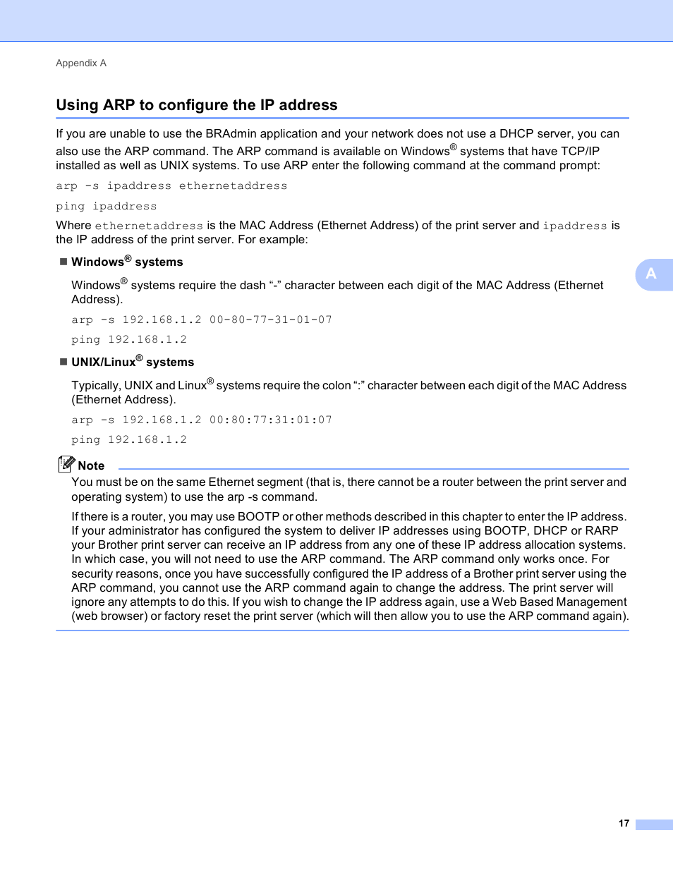 Using arp to configure the ip address, Ausing arp to configure the ip address | Brother MFC-J430W User Manual | Page 20 / 21