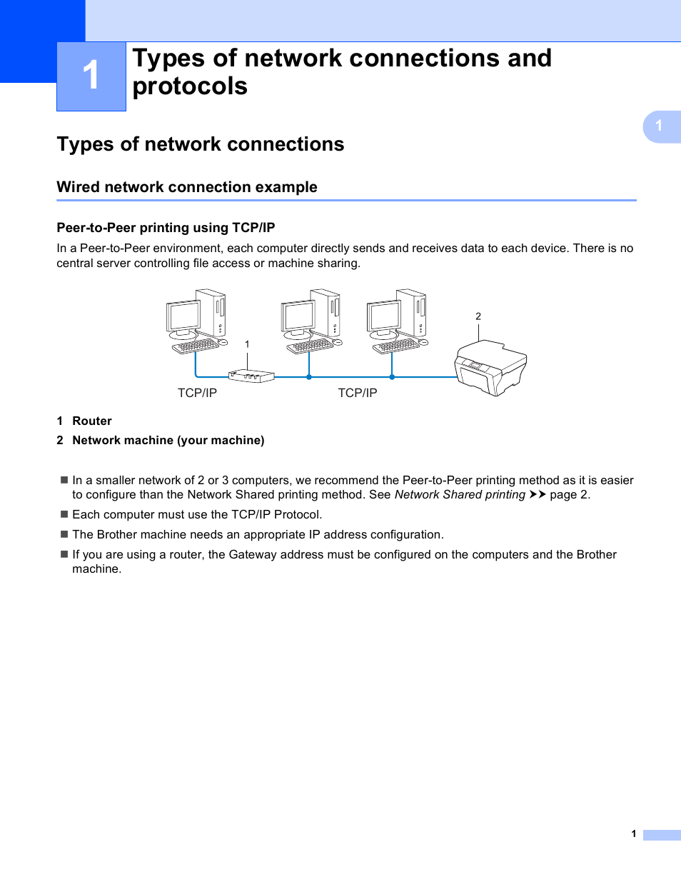 1 types of network connections and protocols, Types of network connections, Wired network connection example | Peer-to-peer printing using tcp/ip, Types of network connections and protocols | Brother MFC-J430W User Manual | Page 4 / 21