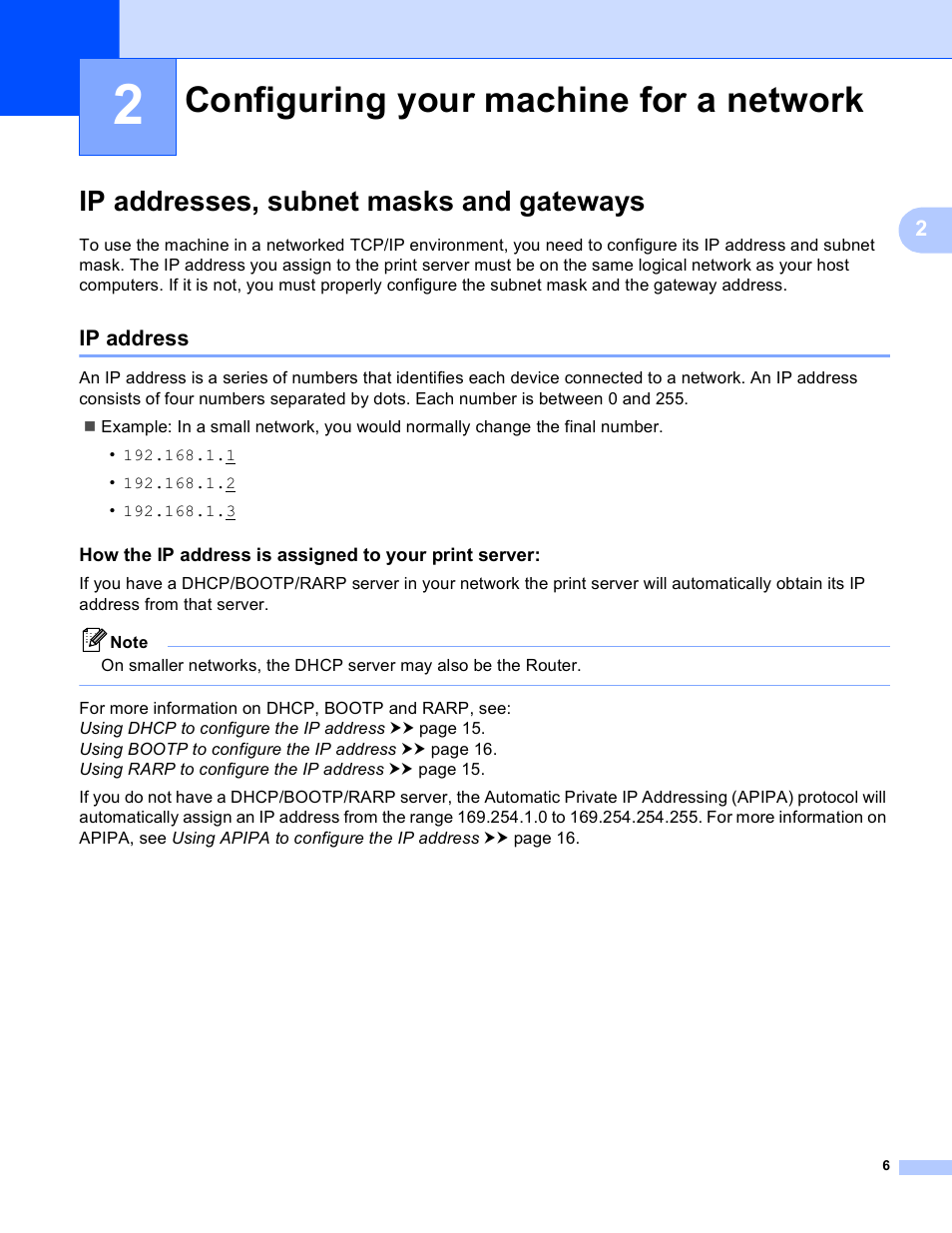 2 configuring your machine for a network, Ip addresses, subnet masks and gateways, Ip address | Configuring your machine for a network | Brother MFC-J430W User Manual | Page 9 / 21