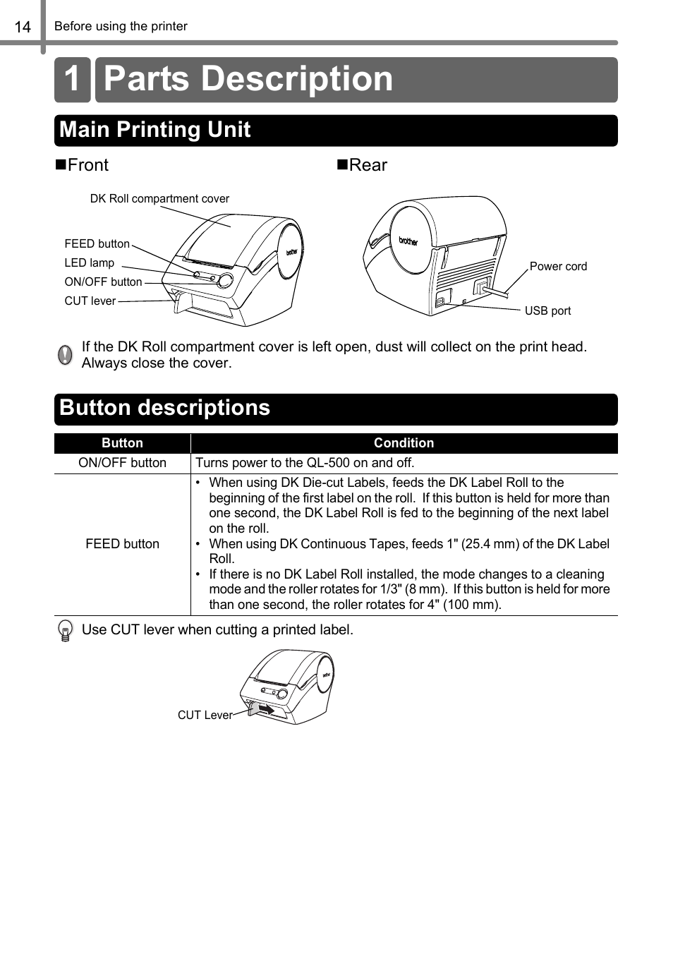 1 parts description, Main printing unit, Button descriptions | Brother QL-500 User Manual | Page 14 / 62