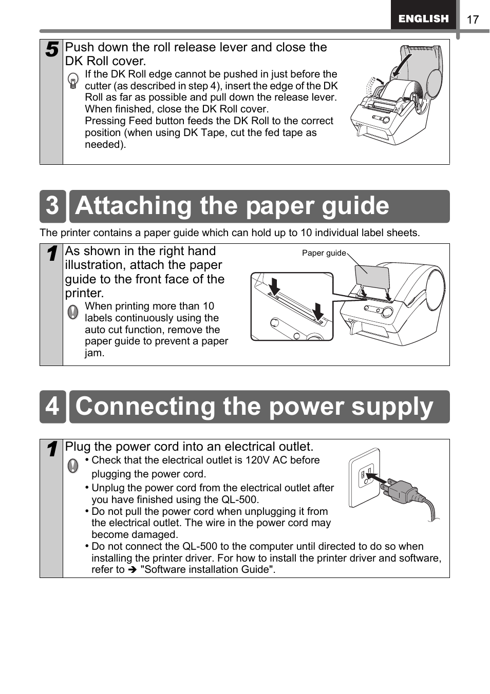 3 attaching the paper guide, 4 connecting the power supply | Brother QL-500 User Manual | Page 17 / 62