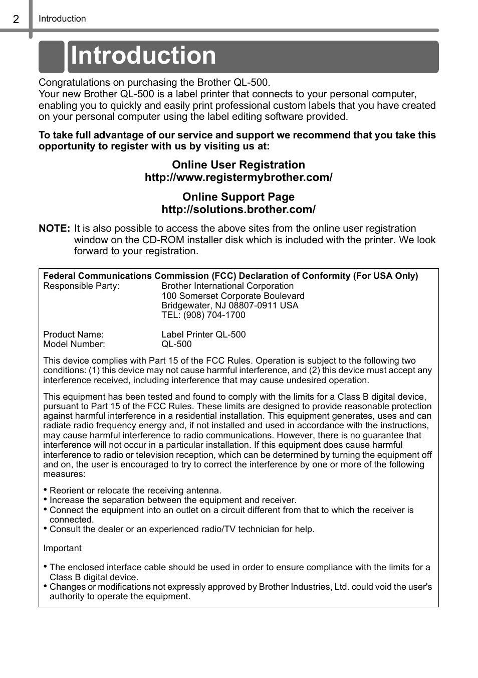 Introduction | Brother QL-500 User Manual | Page 2 / 62