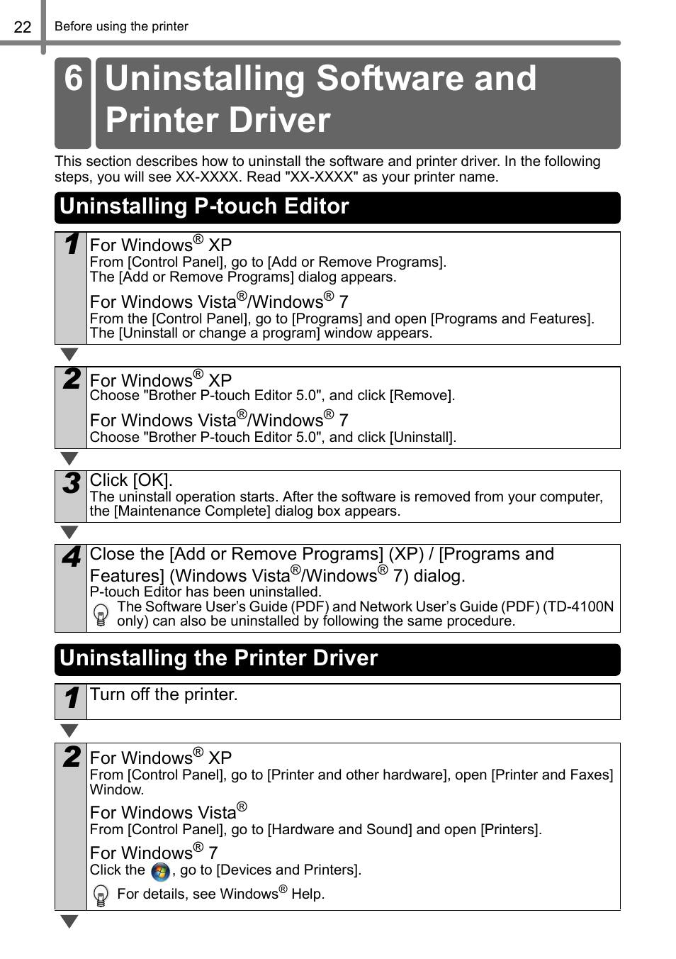 6 uninstalling software and printer driver, Uninstalling p-touch editor, Uninstalling the printer driver | Brother QL-500 User Manual | Page 22 / 62