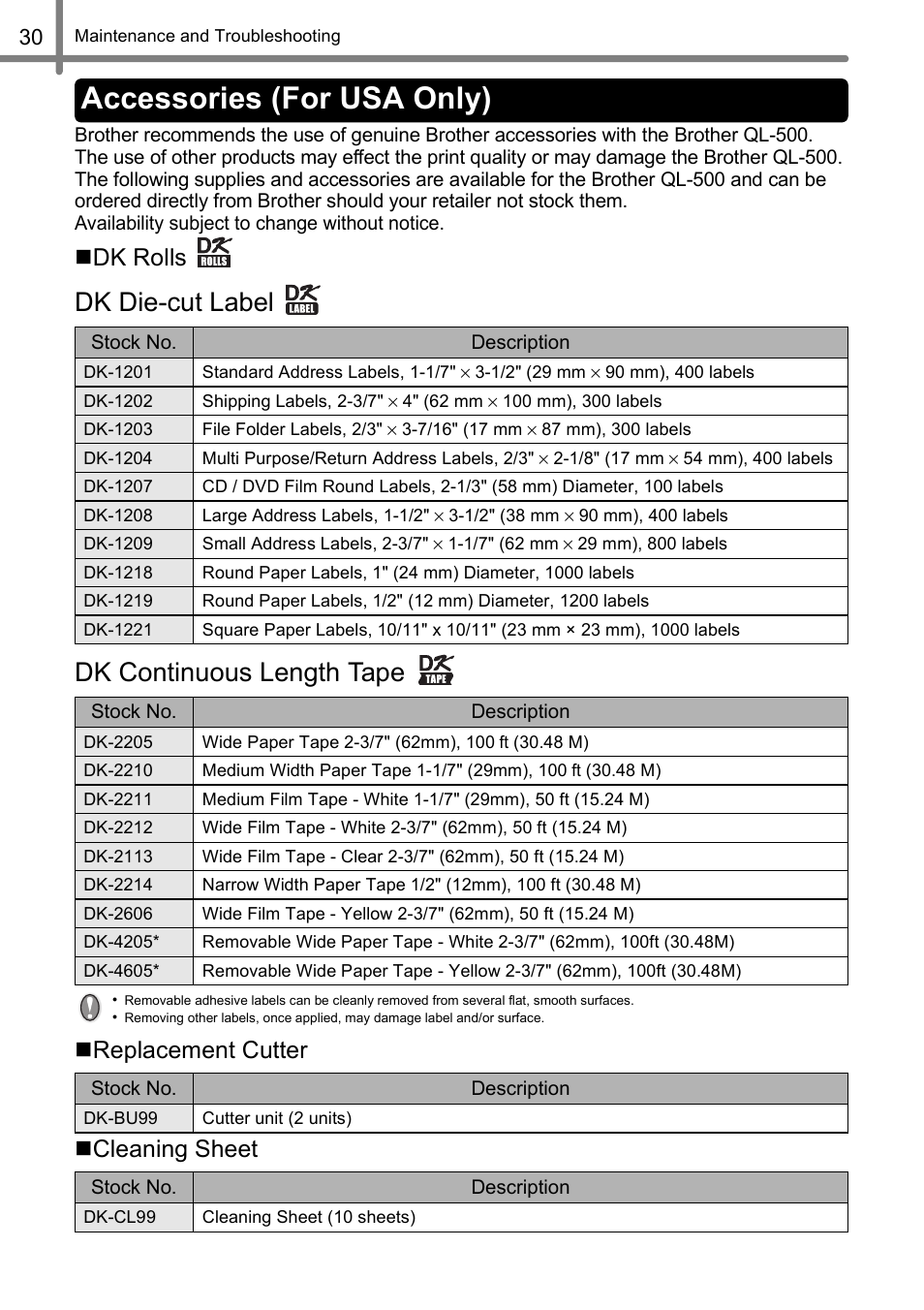 Accessories (for usa only), Dk die-cut label dk continuous length tape, Dk rolls | Replacement cutter  cleaning sheet | Brother QL-500 User Manual | Page 30 / 62