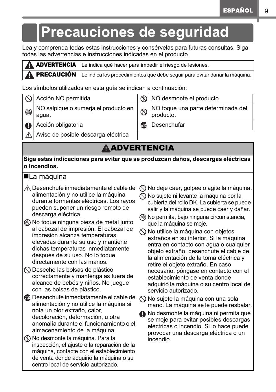 Precauciones de seguridad, Advertencia | Brother QL-500 User Manual | Page 39 / 62