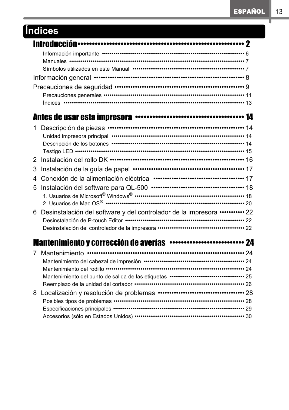Índices | Brother QL-500 User Manual | Page 43 / 62